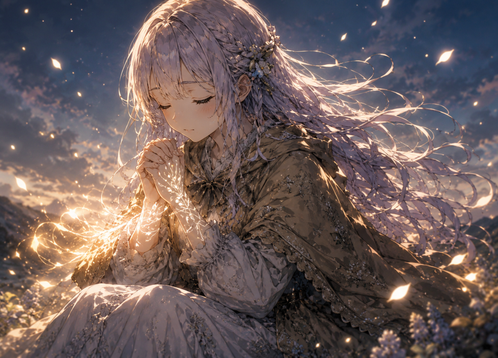 光の中で祈りを捧げる薬師の娘ミカ